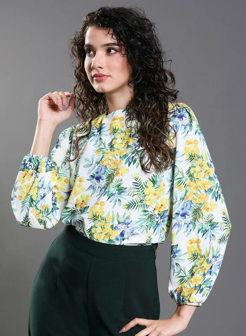 Zigzag  Yellow Floral Elastic Sleeve Top for Women | Best Price UAE